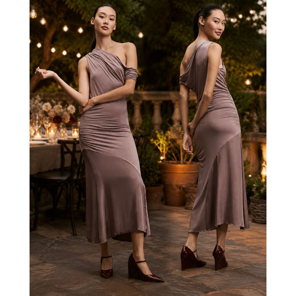 Anthropologie One Shoulder Ruched Midi Dress Purple Mauve XL NWT - Picture 1 of 10